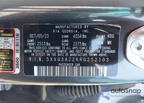 2024 Kia K5 Ex z USA, uszkodzony, nr VIN 5XXG34J26RG252103